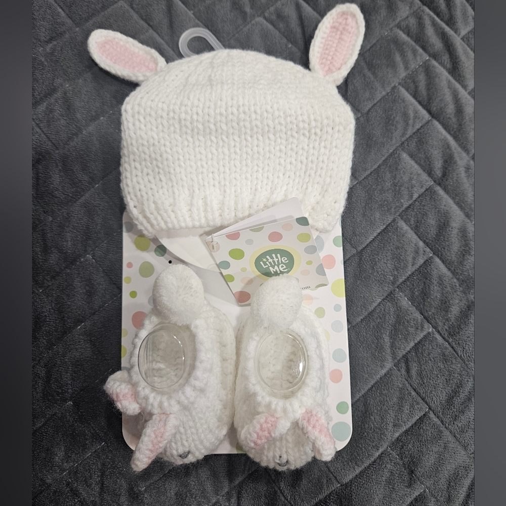 Little Me Knit Hat & Booties Set - White sz 0-6 months NWT